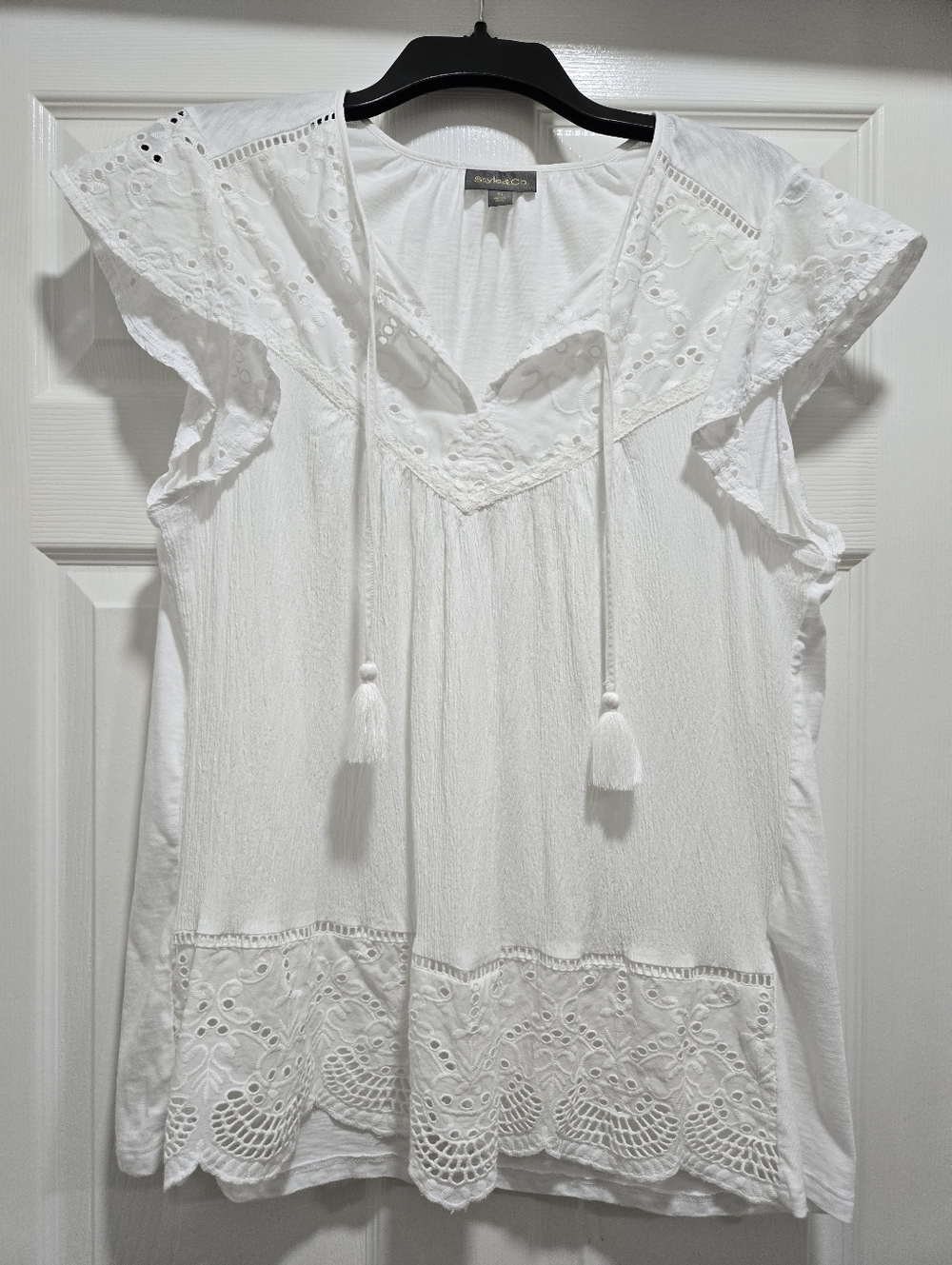 Clothes~ Style & Co Boho White Short Sleeve Shirt, Top Blouse~Sz XL X-Large. EUC